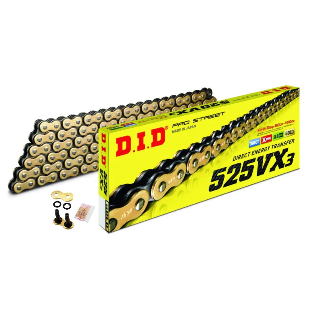 DID Motorcycle Chain 525 VX Gold 130 Link X-Ring Heavy Duty
