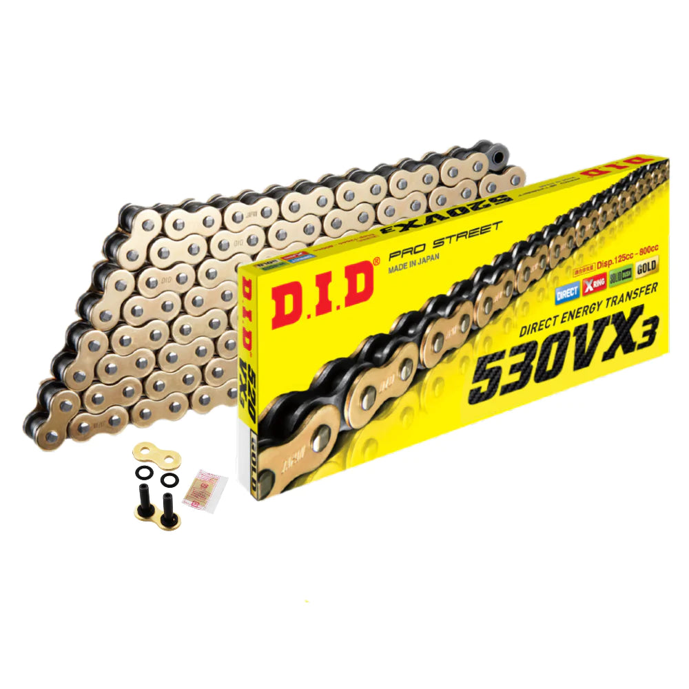 DID Motorcycle Chain 530 VX Gold & Steel 120 Link X-Ring Heavy Duty
